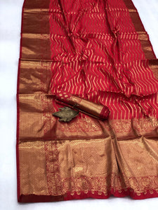 Breathtaking Red Color Occasion Wear Silk Banarasi Zari Weaving All Over Border Grand Pallu Saree Blouse