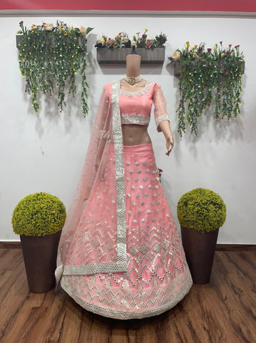 Peach Color Net Embroidered Work Occasion Wear Lehenga