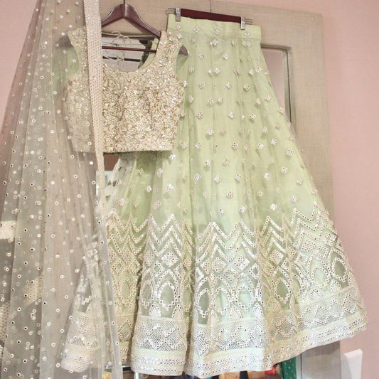 Party Wear Green Color Net Stylish Embroidered Work Lehenga Choli