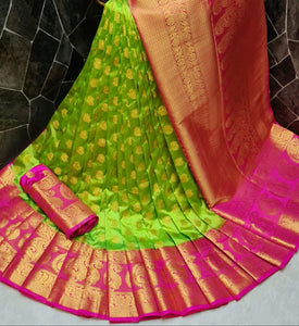 Radiant Green Color Festive Wear Nylon Silk Dying Material Rich Pallu Saree Blouse