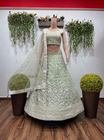 Party Wear Green Color Net Stylish Embroidered Work Lehenga Choli
