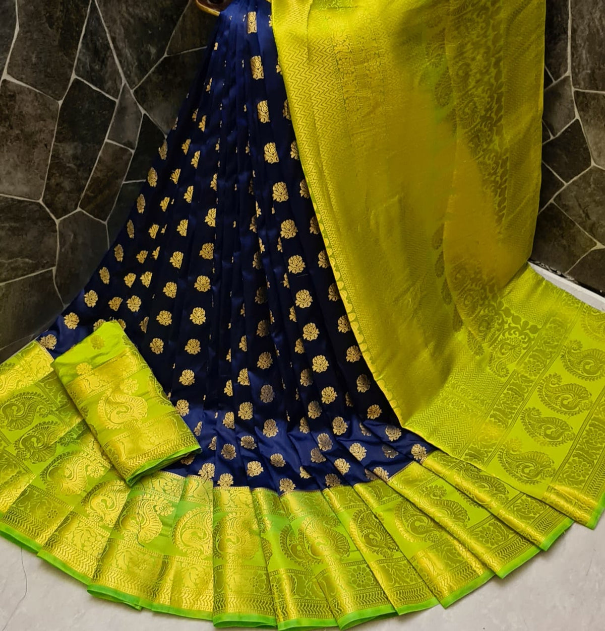 Ravishing Party Wear Navy Blue Color Grand Pallu Nylon Silk Dying Material Saree Blouse