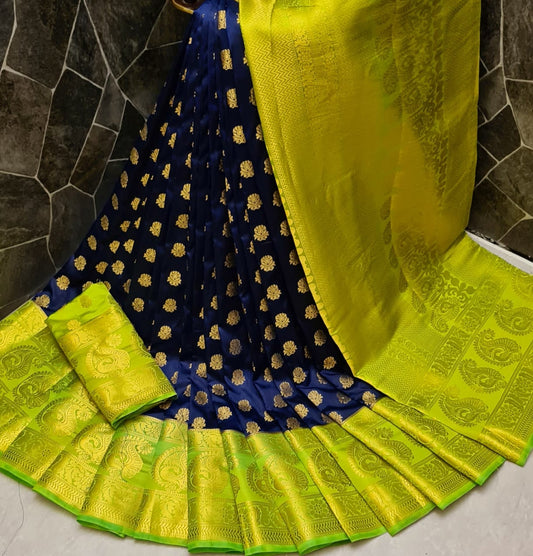 Ravishing Party Wear Navy Blue Color Grand Pallu Nylon Silk Dying Material Saree Blouse