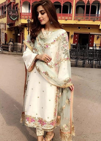 Fashionable Off White Color Georgette Wedding Wear Embroidered Work Salwar Suit