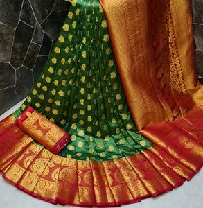 Striking Dark Green Color Occasion Wear Nylon Silk Rich Pallu Dying Material Designer Saree Blouse