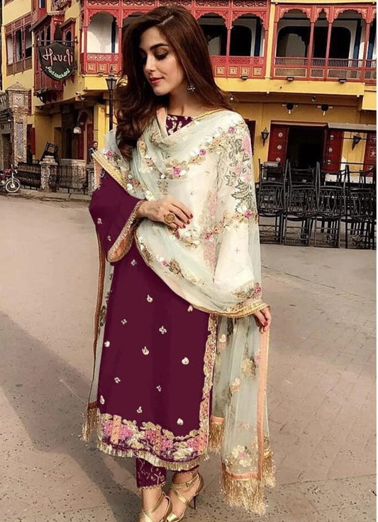 Shattering Wine Color Sequence Work Georgette Salwar Suit For Women