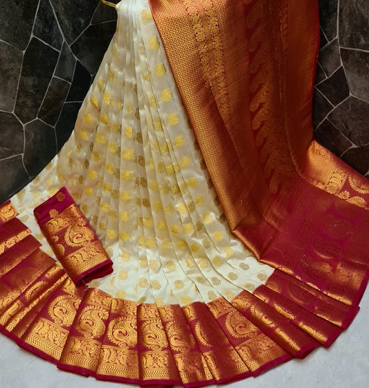 Dazzling Cream Color Fancy Pallu Dying Material Silk Nylon Function Wear Saree Blouse