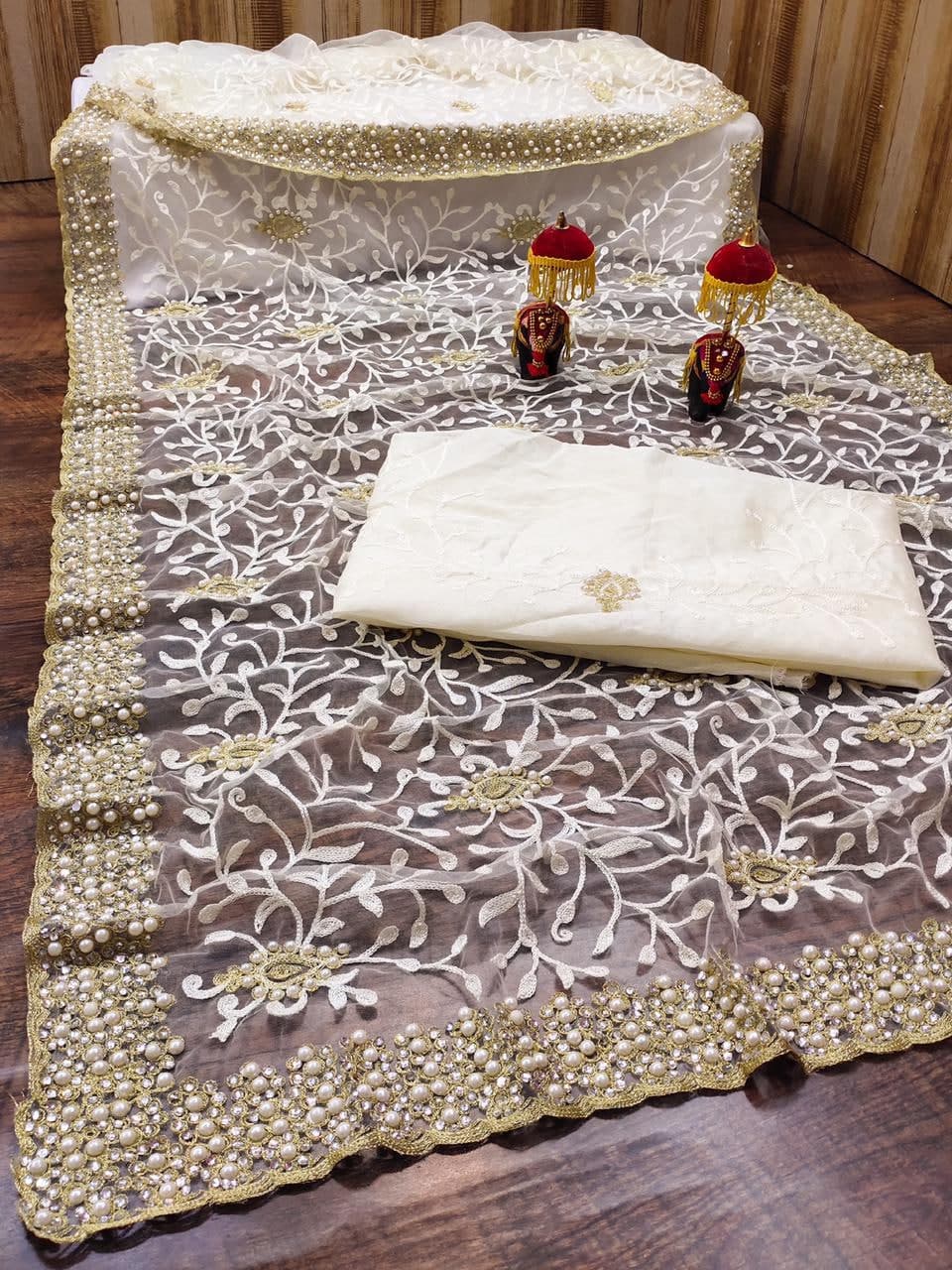 Dazzling Off White Color Net Diamond Pearl Work Saree Blouse For Women