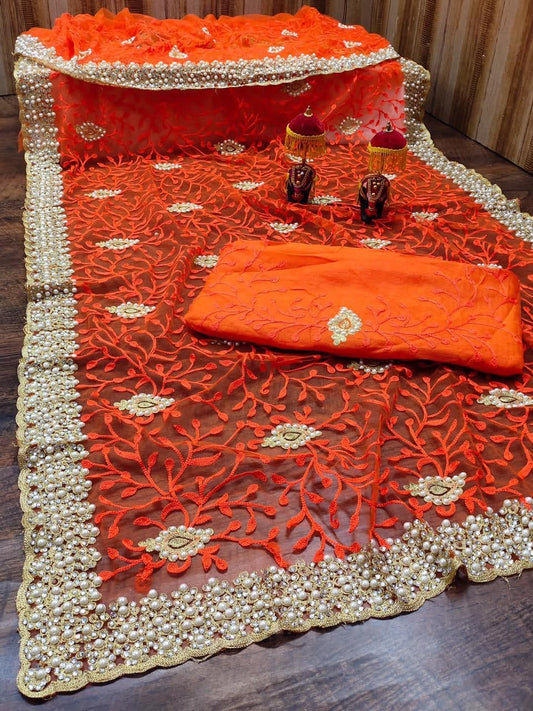 Adorable Orange Color Occasion Wear Embroidered Work Net Saree Blouse