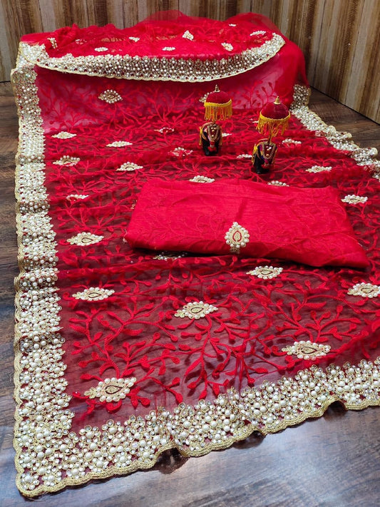 Beautiful Red Color Net Embroidered Work Fancy Saree Blouse For Ladies