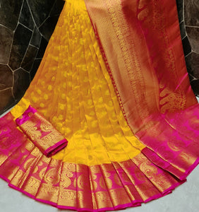 Captivating Yellow Color Festive Wear Rich Pallu Design Nylon Silk Dying Material Saree Blouse