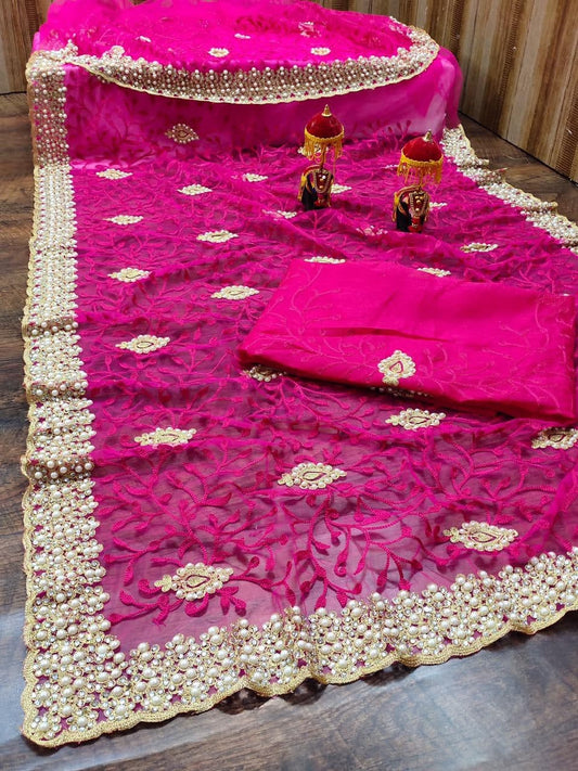 Stunning Magenta Color Occasion Wear Net Embroidered Work Saree Blouse
