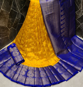 Bewitching Royal Blue Color Function Wear Nylon Silk Grand Pallu Dying Material Saree Blouse