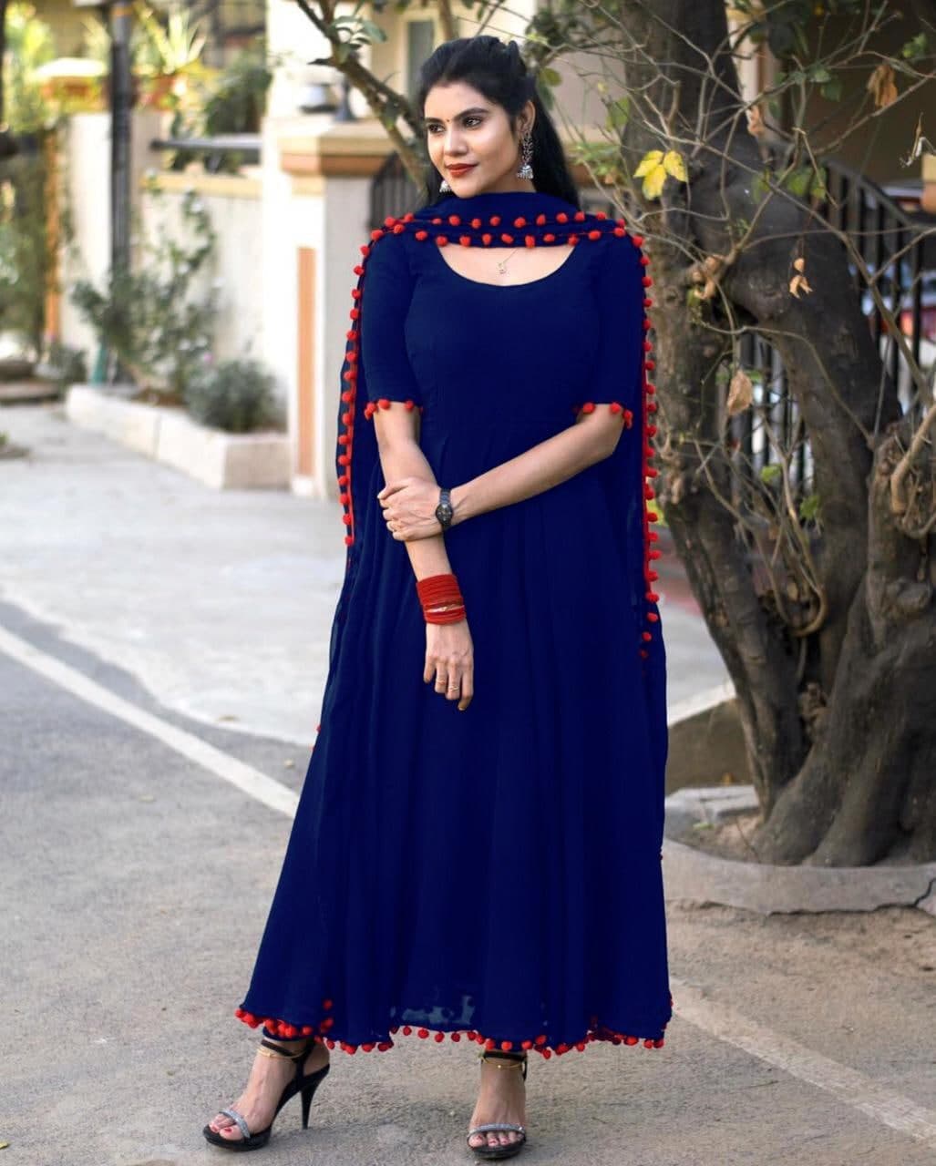 Lovable Blue Color Georgette Pom Pom Festive Wear Dupatta Gown