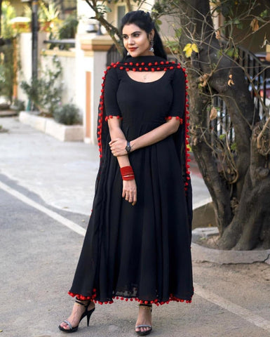 Amazing Black Color Georgette Full Stitched Designer Gown Dupatta