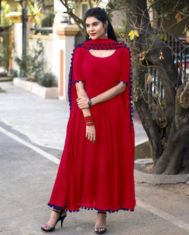 Jazzy Red Color Georgette Ready Made Dupatta Gown For Running Wear