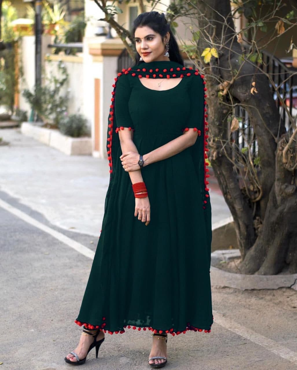 Marvelous Dark Green Color Pom Pom Work Georgette Gown Dupatta