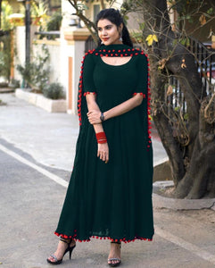 Marvelous Dark Green Color Pom Pom Work Georgette Gown Dupatta
