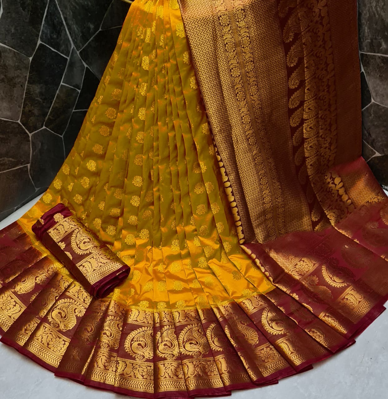 Gorgeous Mustard Color Function Wear Nylon Silk Rich Pallu Dying Material Saree Blouse