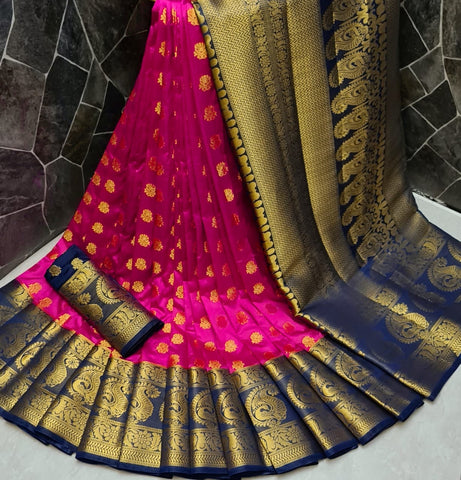 Amazeballs Rani Pink Color Wedding Wear Silk Nylon Dying Material Grand Pallu Saree Blouse