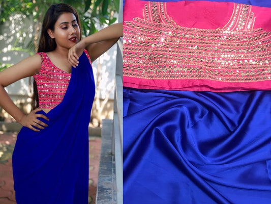 Smashing Royal Blue Color Designer Satin Japan Saree Fancy Mirror Embroidered Plastic Stone Work Blouse