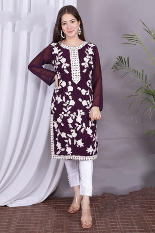 Alluring Wine Color Ready Made Georgette Embroidered Work Pent Kurti