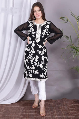 Alluring Black Color Ready Made Georgette Casual Wear Embroidered Work Kurti Pent