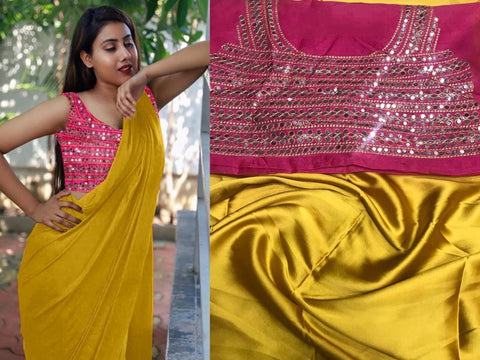 Pulchritudinous Mustard Color Festive Wear Japan Satin Plain Saree Fancy Embroidered Mirror Plastic Mirror Work Blouse