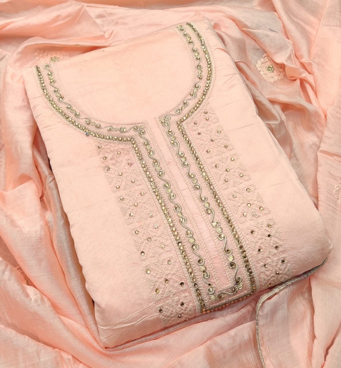 Party Wear Peach Color Embroidered Work Chanderi Salwar Suit