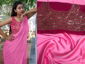 Remarkable Light Pink Color Plain Satin Japan Saree Embroidered Plastic Stone Mirror Work Blouse