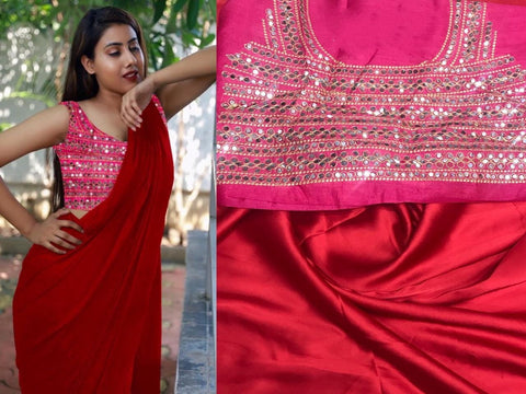 Extraordinary Red Color Party Wear Satin Japan Plain Saree Fancy Plastic Mirror Stone Embroidered Work Blouse