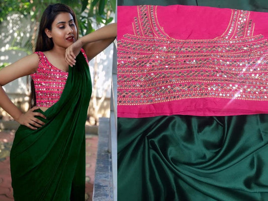 Staggering Dark Green Color Occasion Wear Plain Satin Japan Saree Designer Embroidered Mirror Stone Plastic Work Blouse