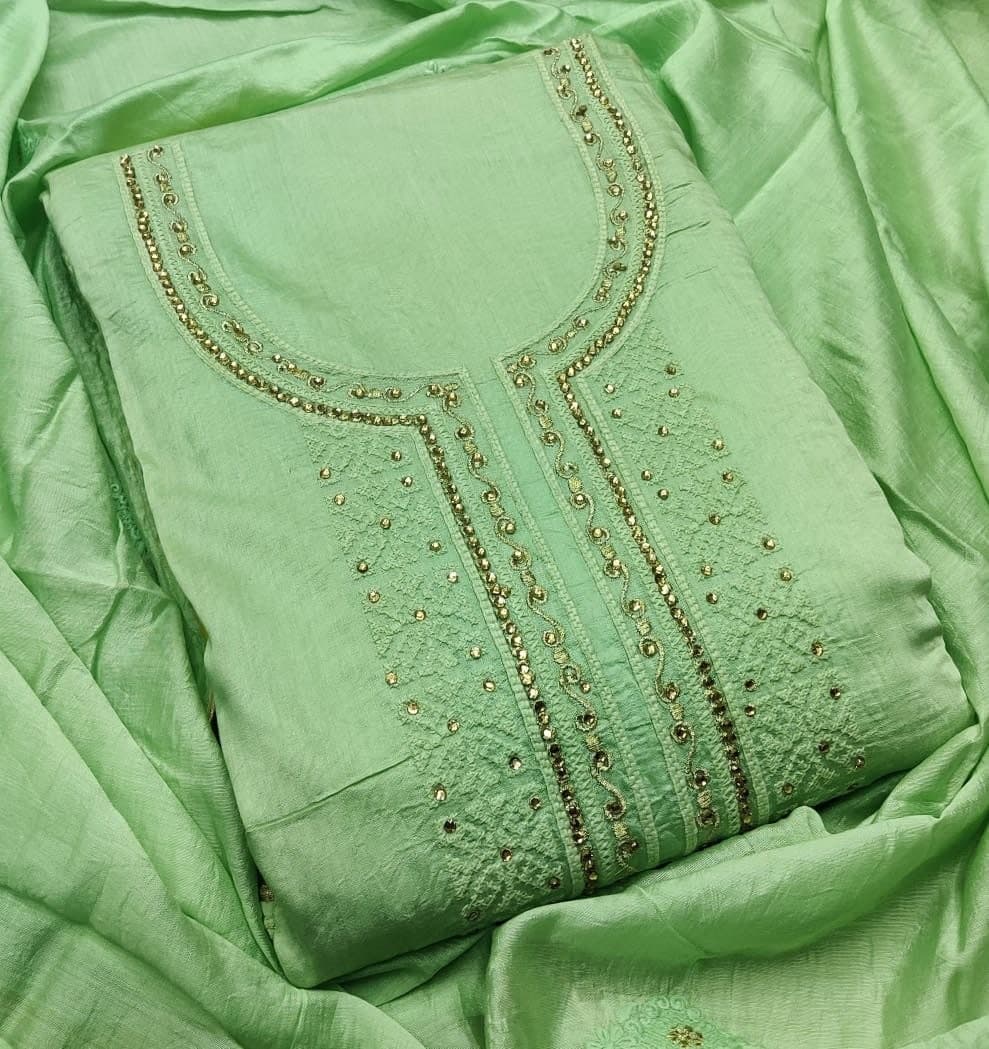 Blooming Green Color Chanderi Embroidered Work Salwar Suit For Ladies