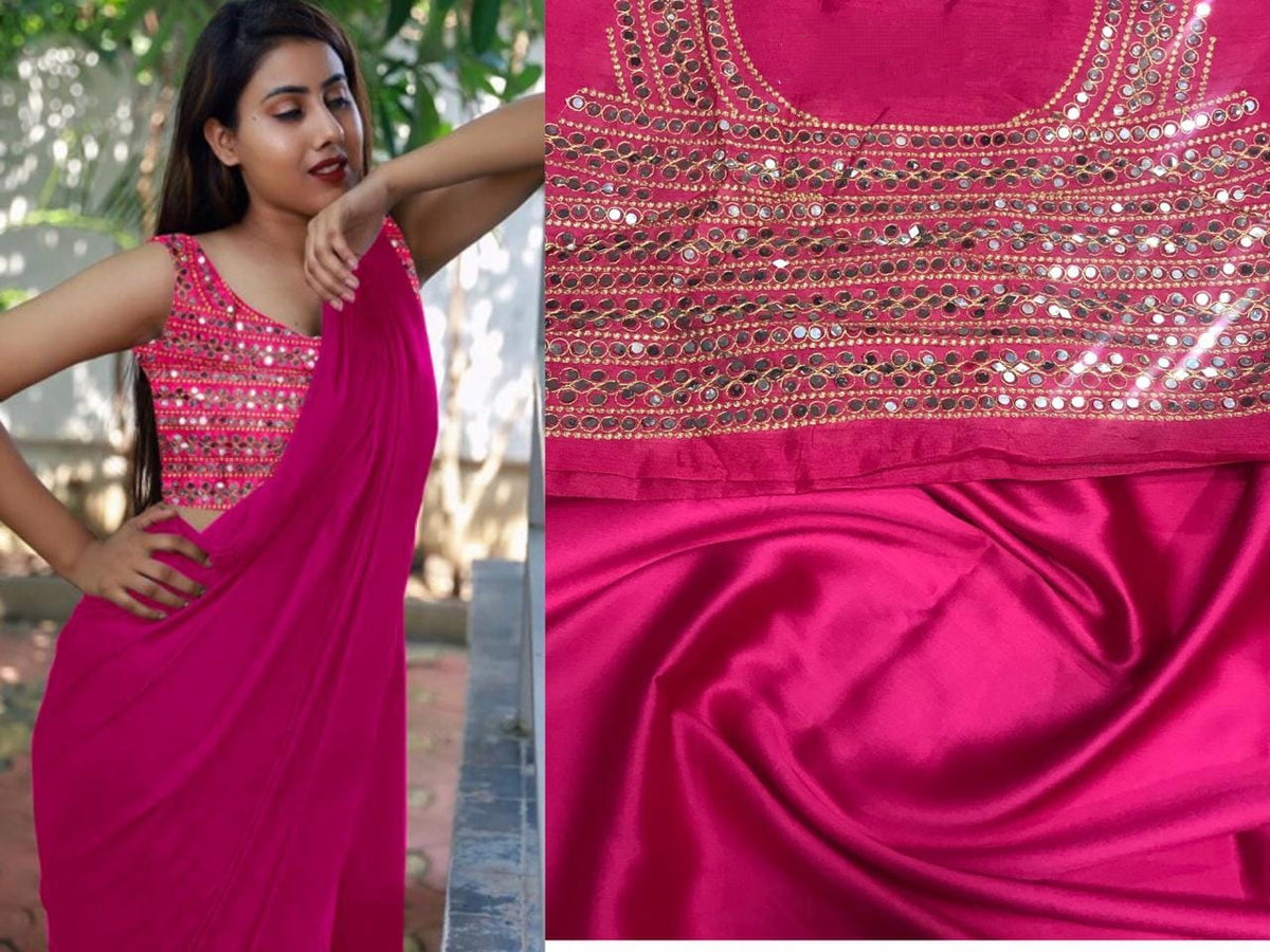 Incredible Rani Pink Color Wedding Wear Satin Japan Plain Saree Fancy Plastic Mirror Stone Embroidered Work Blouse