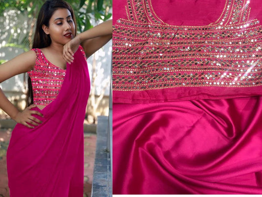 Incredible Rani Pink Color Wedding Wear Satin Japan Plain Saree Fancy Plastic Mirror Stone Embroidered Work Blouse