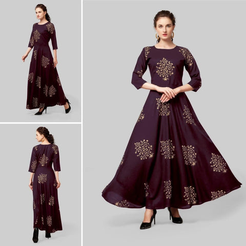 Dazzling Wine Color Ready Made Foil Printed Rayon Occasion Wear Gown
