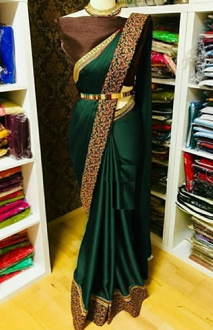 Amazing Green Color Party Wear Satin Silk Embroidered Work Saree Blouse