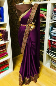 Stylish Wine Color Occasion Wear Embroidered Work Silk Satin Saree Blouse