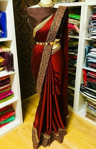 Party Wear Red Color Satin Silk Design Embroidered Work Saree Blouse