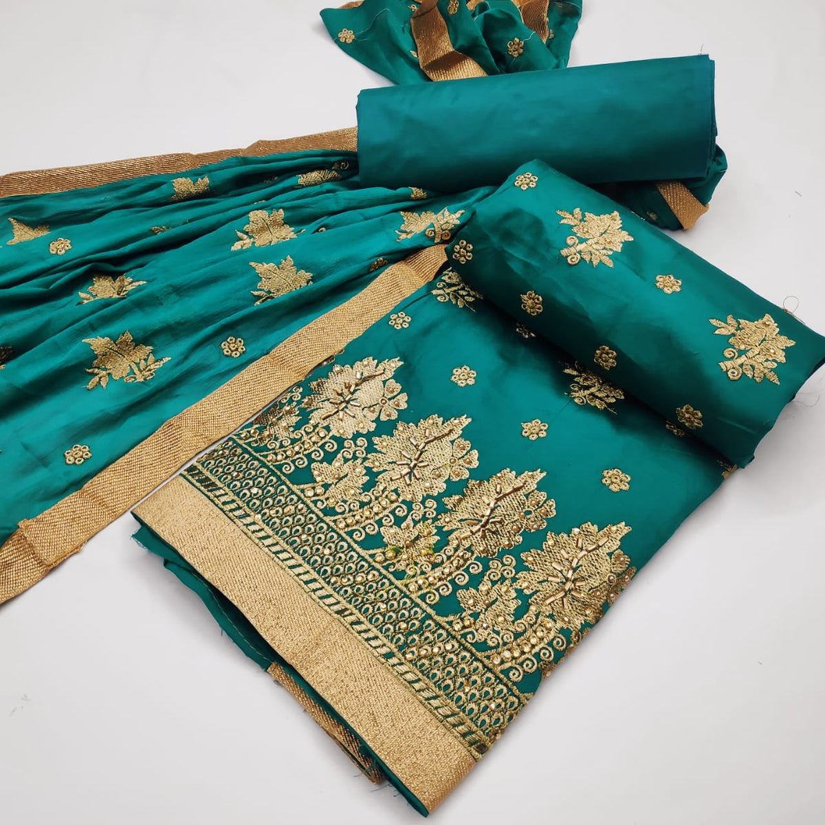 Amazing Rama Color Wedding Wear Designer Fancy Work Jam Cotton Dress Material