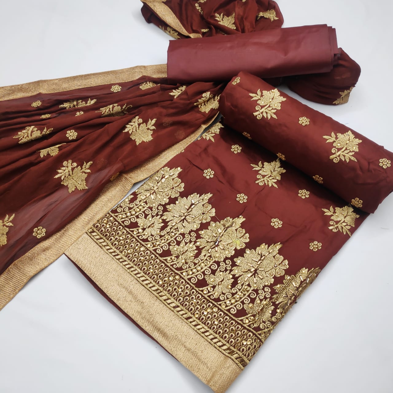 Astonishing Dark Brown Color Festive Wear Jam Cotton Fancy Work Salwar Suit