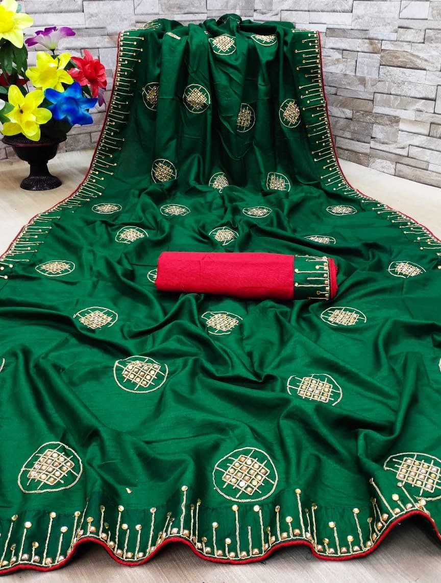 Awesome Green Color Party Wear Dola Silk Zari Stone Work Saree Blouse