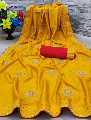 Knockout Yellow Color Stone Zari Work Dola Silk Design Saree Blouse For Function Wear