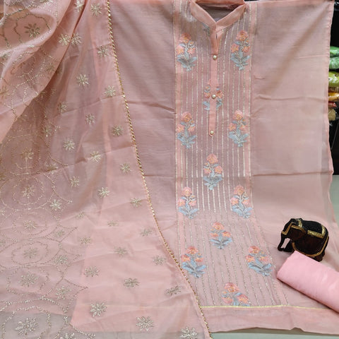 Splendid Peach Color Fancy Modal Chanderi Embroidered Neck Work Salwar Suit