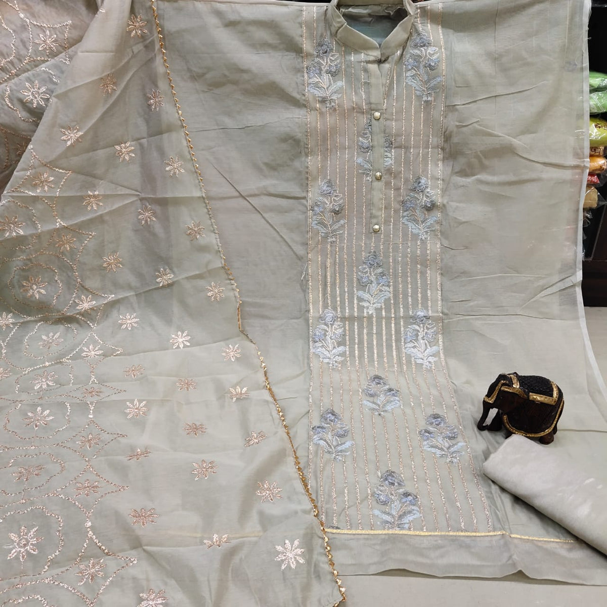 Breathtaking Cream Color Embroidered Neck Panel Kalar Design Work Modal Chanderi Salwar Suit