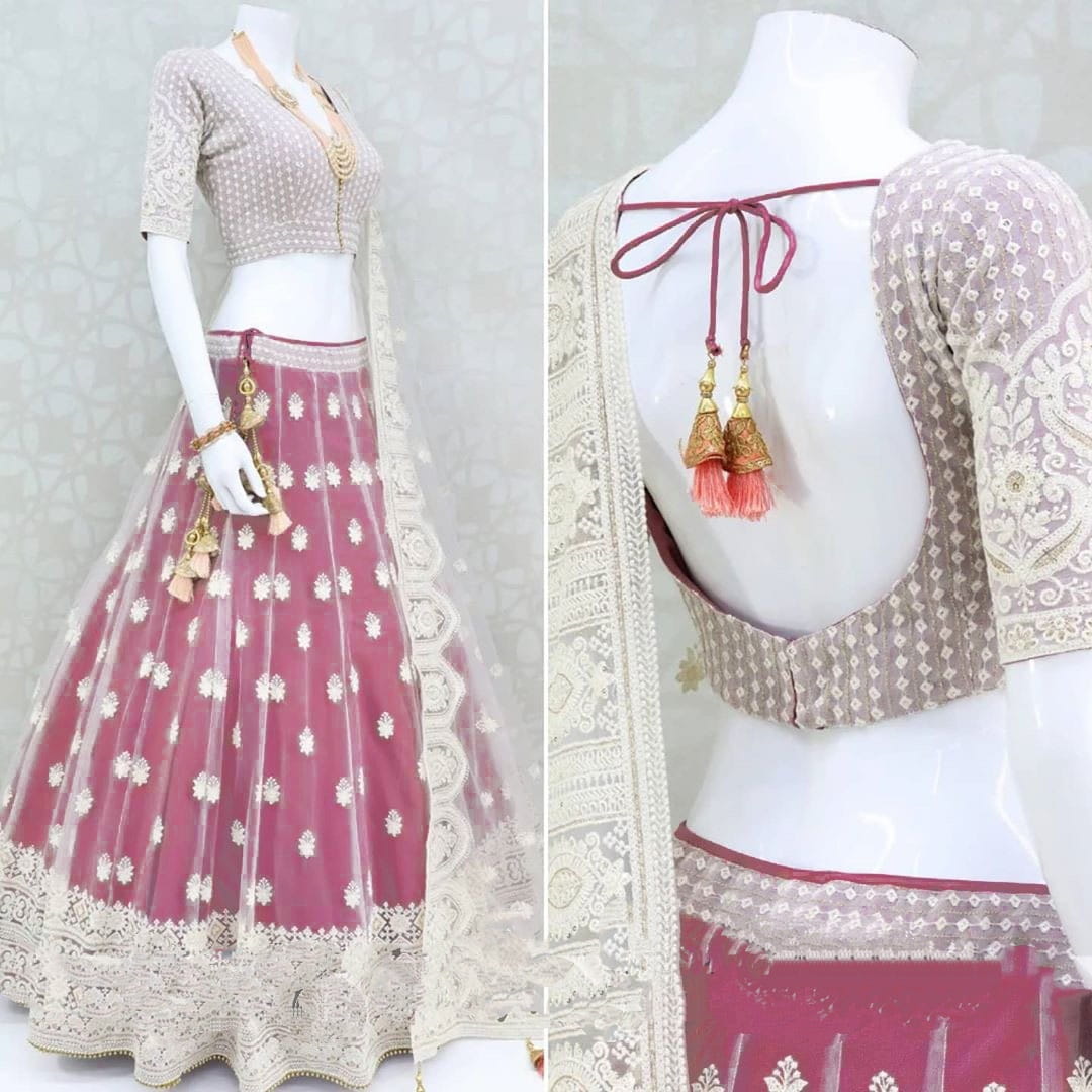 Mind-Blowing Wedding Wear Pink Color Designer Net Lucknowi Work Lehenga Choli