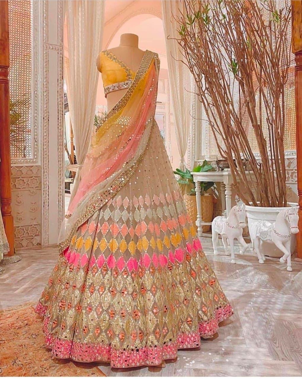 Wondrous Multi Color Net Design Embroidered Work Bridal Wear Lehenga Choli