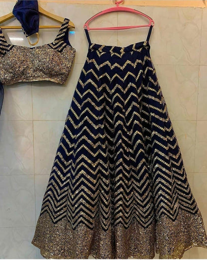 Novelty Navy Blue Color Georgette Zari Sequence Work Lehenga Choli Design