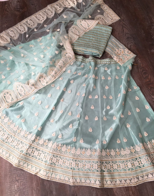 Fabulous Light Blue Color Fancy Lucknowi Work Soft Net Lehenga Choli