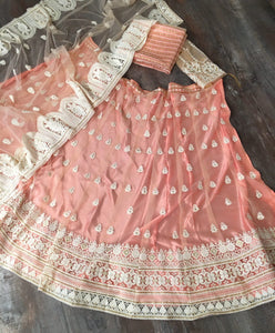 Fab Peach Color Occasion Wear Soft Net Lucknowi Work Lehenga Choli